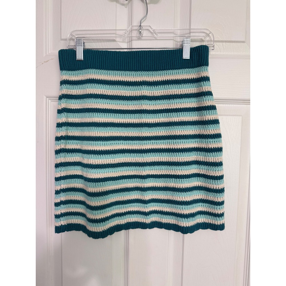 Y2K Boho Chic Wild Fable Teal Blue Striped Crochet Knit Mini Skirt Cotton Size M